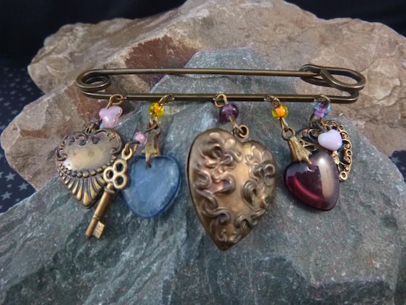 Brass Hearts and More Hearts Vintage Pin | Five Dangling Hearts on Large Safety Pin with Beads | 1980s Whimsical Hearts Pin