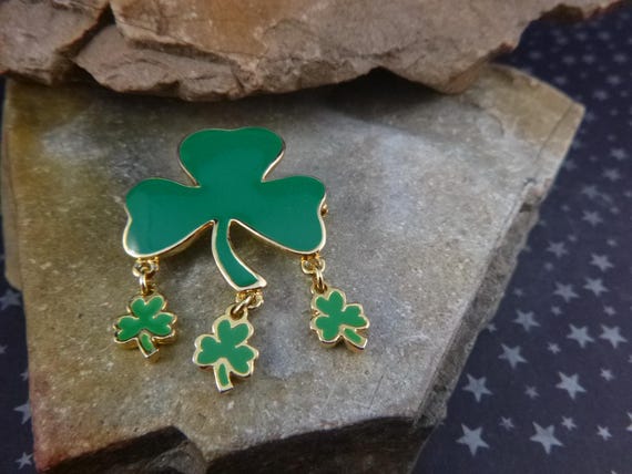 Festive Vintage Shamrock Pin with Three Dangling Shamrocks | Irish Themed | St Patrick’s Day or Any Day | SFJ Signed