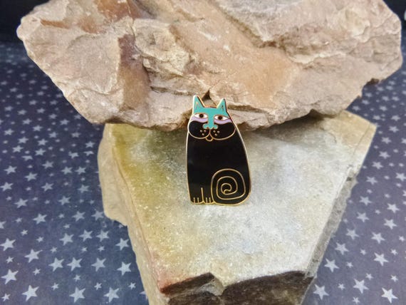 Laurel Burch Vintage “Olivia” Cat Pin | Black and Teal Cloisonné Enamel Brooch