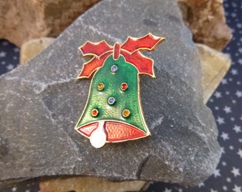 ART Signed Vintage Christmas Bell Pin Enamel and Rhinestone Holiday Brooch