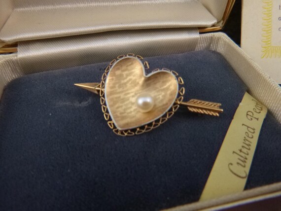 Vintage Krementz Cultured Pearl Heart Brooch with 14K Gold Overlay in Original Box