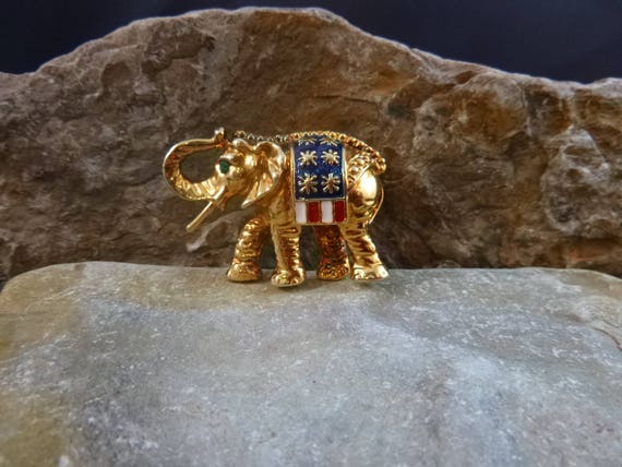 Republican Elephant Vintage Pin Red White and Blue Patriotic Elephant with Trunk Up for Good Luck