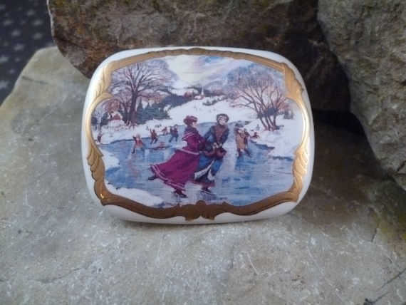 Winter Scene Ice Skating Outdoors Old Fashioned Victorian Scene on Vintage Porcelain Brooch | Avon Book Piece | Original Box