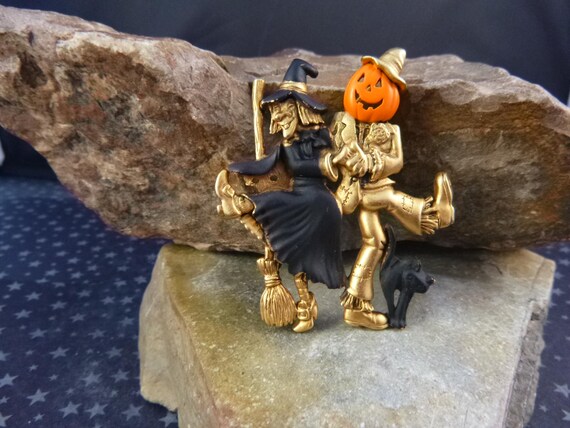 Vintage Danecraft Halloween Pin: Witch, Pumpkin Scarecrow, Black Cat