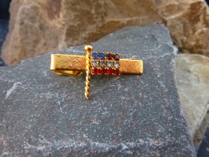 American Flag Patriotic Small Tie Clip with Red White and Blue Rhinestones July 4