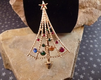 Vintage B.J. Rhinestone Christmas Tree Pin: Open Style Book Piece