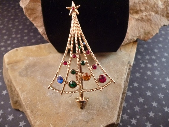 Vintage B.J. (Beatrix) Modern Open Style Christmas Tree Pin with Rhinestones Book Piece circa l975-l983