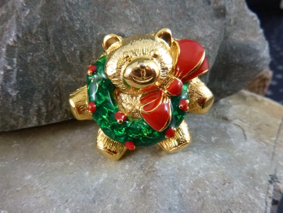 Teddy Bear Holiday Wreath Vintage Pin | Red and Green Whimsical Bear Brooch | New Old Stock (NOS)