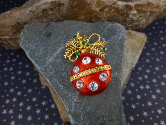 Christmas Ornament on Branch Vintage Brooch | Red Large Ball Ornament with Rhinestones | Holiday Pin View 6