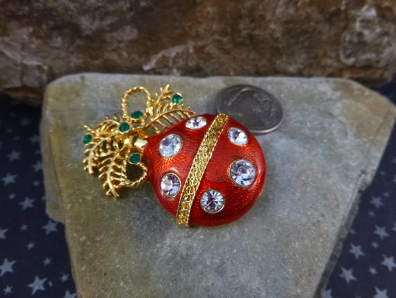 Christmas Ornament on Branch Vintage Brooch | Red Large Ball Ornament with Rhinestones | Holiday Pin View 4