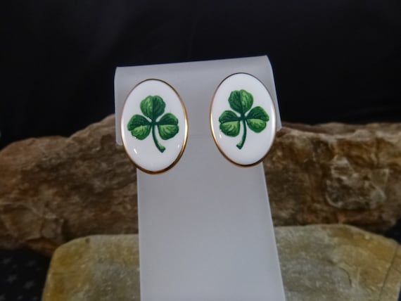 Vintage Avon Shamrock Porcelain Earrings | St. Patrick's Day Jewelry, 1996, Original Box | Book Piece