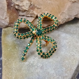 Irish Shamrock Green Rhinestone Large Vintage Three Leaf Clover | St Patrick’s Day Brooch