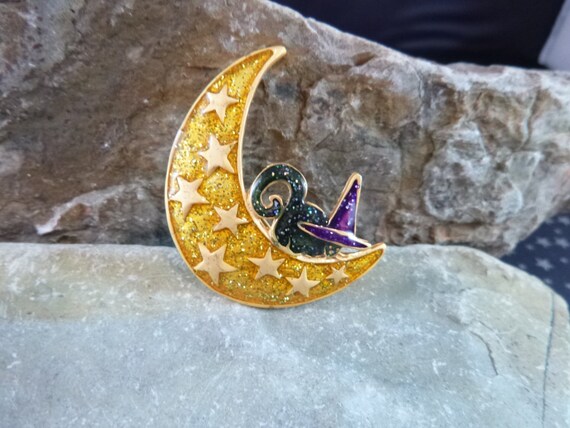 Quirky Cute Vintage Glittery Halloween Pin with Green Cat on Moon Wearing Witch Hat