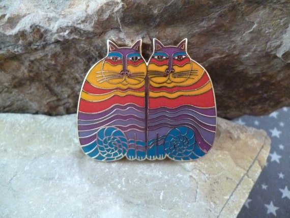 Twin Cats Vintage Pin | Laurel Burch Rainbow Cats Cloisonné Enamel Brooch