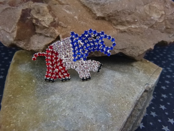 Patriotic Red White and Blue Rhinestone Republican Elephant Brooch | Sparkling Vintage Elephant Pin | Party Symbol