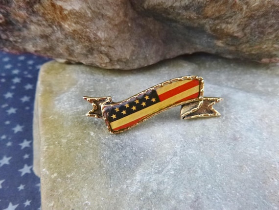 Vintage Patriotic Small Banner Style Flag Pin | Old World Look | Red White and Blue | Maximal Art Signed