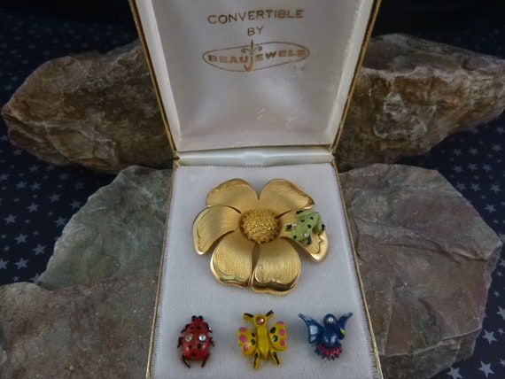 1950s Signed Convertible Beau Jewels Flower Brooch in Original Box | Four Looks with Frog, Butterfly, Ladybug, or Blue Bird | Mid-Century