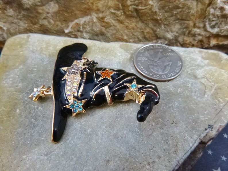 Black Witch Hat Vintage Brooch for the Witch Looking for her Halloween Hat Black Enamel with Rhinestone Star Highlights image 3