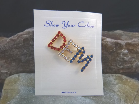 Vintage New Old Stock Rhinestone DEM Pin on Original Card | Patriotic Political Jewelry