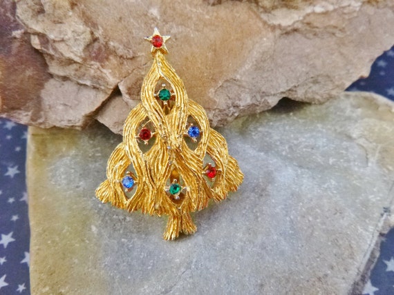 Wavy Branch Christmas Tree Vintage Brooch with Multi Colored Rhinestones | JJ Signed Pin Book Piece