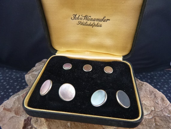 John Wanamaker Philadelphia 1910s Antique Cuff Links & Shirt Studs in Original Box | Double-Sided Round Mother of Pearl Cufflink Set