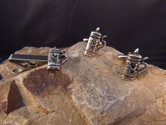 Vintage Beer Stein Cuff Links and Tie Clip Set: Mid-Century Beer Lover Gift