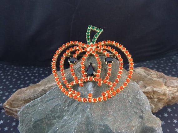 Large Rhinestone Jack O Lantern Vintage Halloween Brooch | Rhinestone Pumpkin Pin | Timeless Classic Halloween Pin