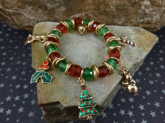 Vintage Christmas Charm Bracelet | Snowman, Candy Cane, Ice Skate, Tree, Holly, Bell Charms  | Red Green and Gold with Six Charms