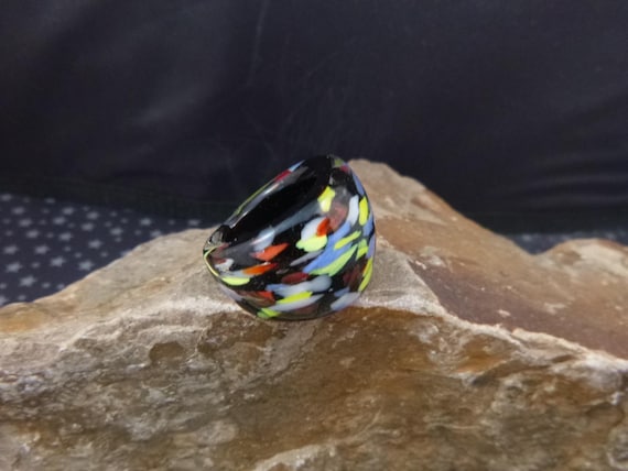Colorful Vintage Random Pattern Glass Statement Ring | Size 5.5 Black. Blue, Yellow, White and Red | One of a Kind Ring with a Modern Flair