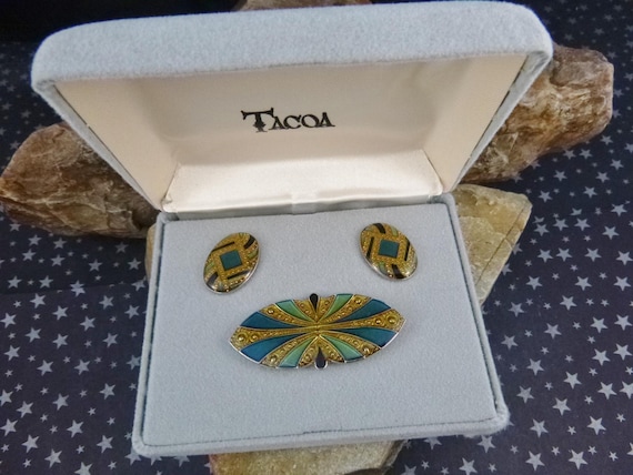 Brooch and Pierced Earrings Vintage Tacoa Set in Original Box