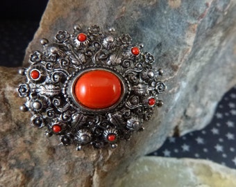 1930s Art Nouveau Revival Red Orange Cabochon Oval Floral Pot Metal Vintage Brooch