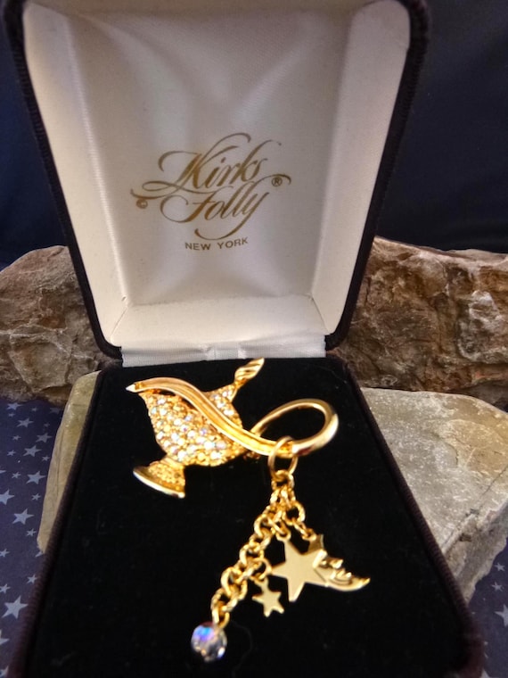 Kirks Folly Vintage Genie Lamp Brooch | Rhinestones and Dangles | Original Box