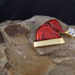 Festive Glossy Red Santa Hat with Rhinestones Vintage Christmas Pin | Santa Claus Hat Pin