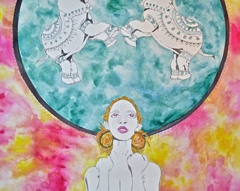 Girl With Elephants Watercolor Print- 9x13