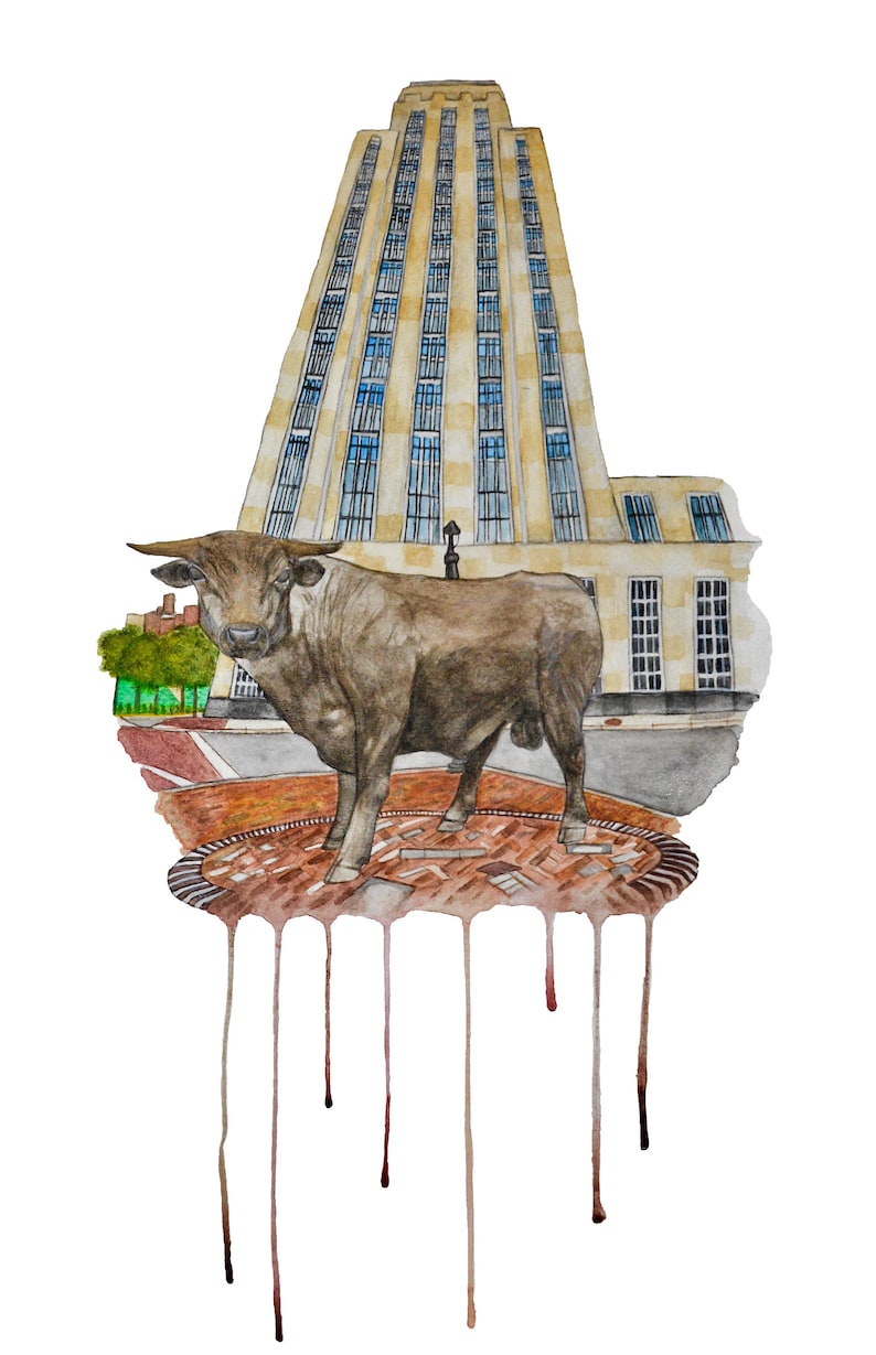 May include: A watercolor painting of a brown bull standing on a brick-patterned surface in front of a tall, yellow building. The painting has a dripping effect, with brown paint dripping from the bottom edge.