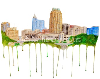 Downtown Raleigh Skyline * North Carolina watercolor art