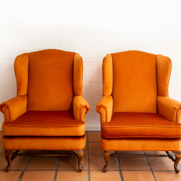 Mid Century Vintage Burnt Orange Velvet Wingback Chairs (Pair) MCM