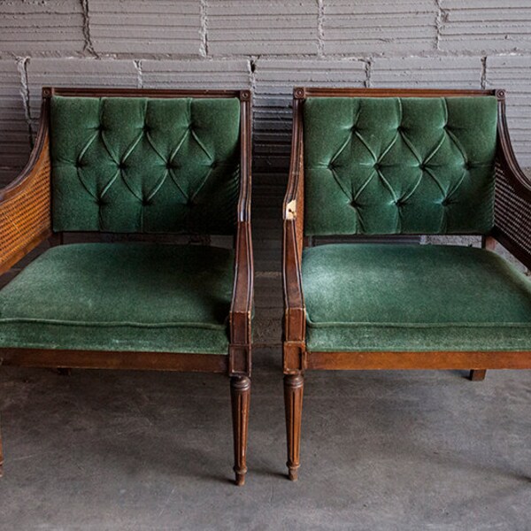 Vintage Emerald Green Velvet Tufted Cain Side Chair Pair ****RESERVED for Evangelos****