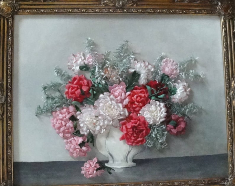 silk ribbon embroidery /'Bouquet in vase/'