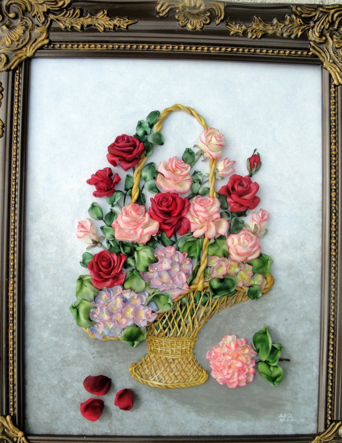 Silk ribbon embroidery Basket with roses Etsy