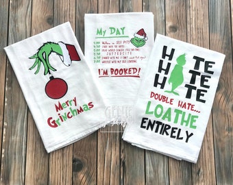 Grinch Christmas Kitchen Towel, Merry Grinchmas Kitchen Towel, Grinch Schedule Decor, Hate Hate Hate Double Hate Grinch Decor, Christmas