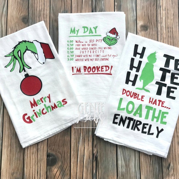 Grinch Christmas Kitchen Towel, Merry Grinchmas Kitchen Towel, Grinch Schedule Decor, Hate Hate Hate Double Hate Grinch Decor, Christmas