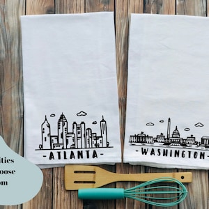 City Skyline Kitchen Towel, US Cities Skyline with Name Kitchen Towel, New City Housewarming Kitchen Towel, Kitchen Towel Decor, Moving Away