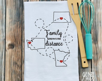 Family Knows No Distance, Personalized Gift for family, Gifts, Friendship Knows No Distance, Long Distance Gift, Flour Sack Towel, 2 States