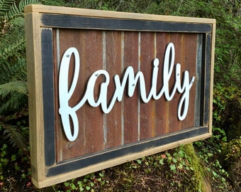 FREE SHIPPING, Rustic Family Sign, Family Room Wall Decor, Rustic Home Decor, White Family Sign, Rustic Metal Signs, Family Room Art, Family