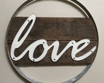 Love Sign, Love Art, Wine Gifts, Wine Signs, Rustic Home Decor, Love Wall Hanging Wine Barrel Ring Decor, Love Gifts, Love Art, Family, Love