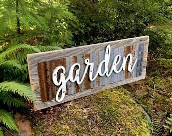 Rustic Reclaimed Wood Garden Sign, Corrugated Metal Accent