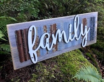 Rustic Reclaimed Wood Family Sign, Corrugated Metal Accent
