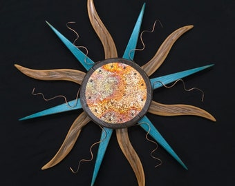 Reclaimed Cedar Sun Wall Decor, Turquoise & Copper Center