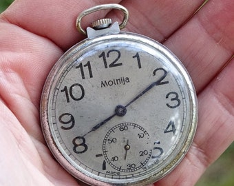 Seltene Vintage Taschenuhr Molnia silbernes Ziffernblatt, Herren Taschenuhr Molnija, Retro Uhr, Arbeitstaschenuhr, Alte Uhr Molnia